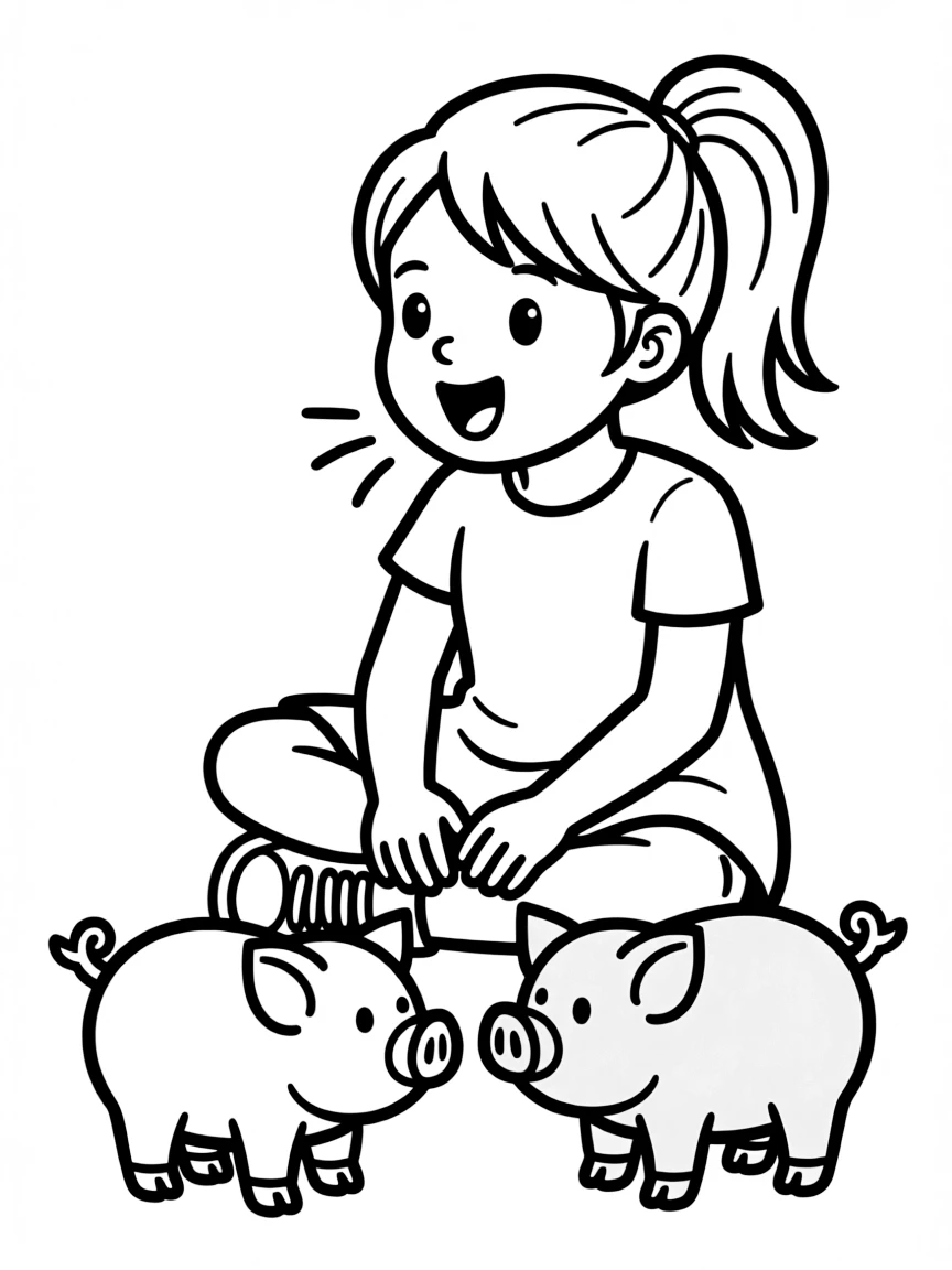 A girl playing with toy pigs, making oink sounds.