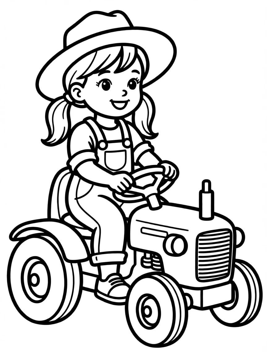 A girl pretending to be a farmer, driving a toy tractor.