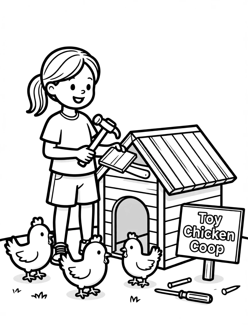 A girl making a "chicken coop" for toy chickens.