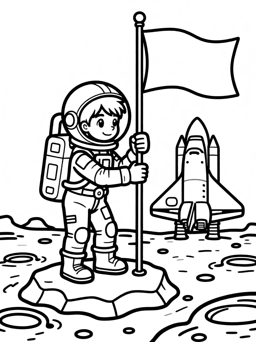 A boy astronaut exploring a rocky moon, planting a flag with a space shuttle in the background.