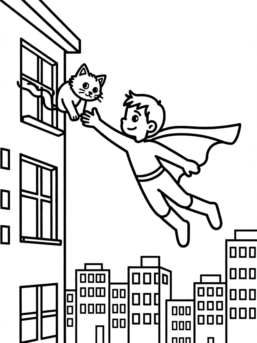 A boy superhero flying through the city, rescuing a cat from a tall building.