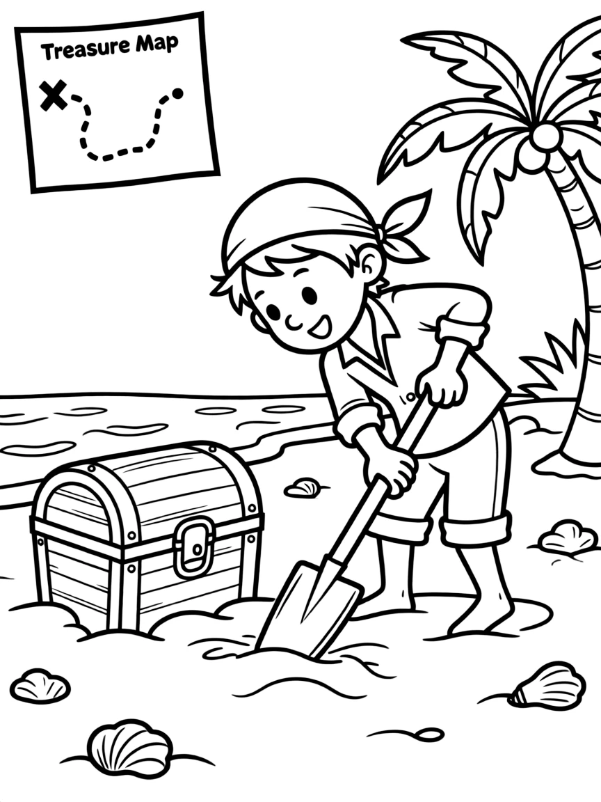A boy pirate on a treasure hunt, digging for a chest on a deserted island.