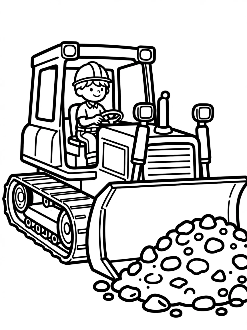A boy construction worker driving a bulldozer, moving a pile of dirt.