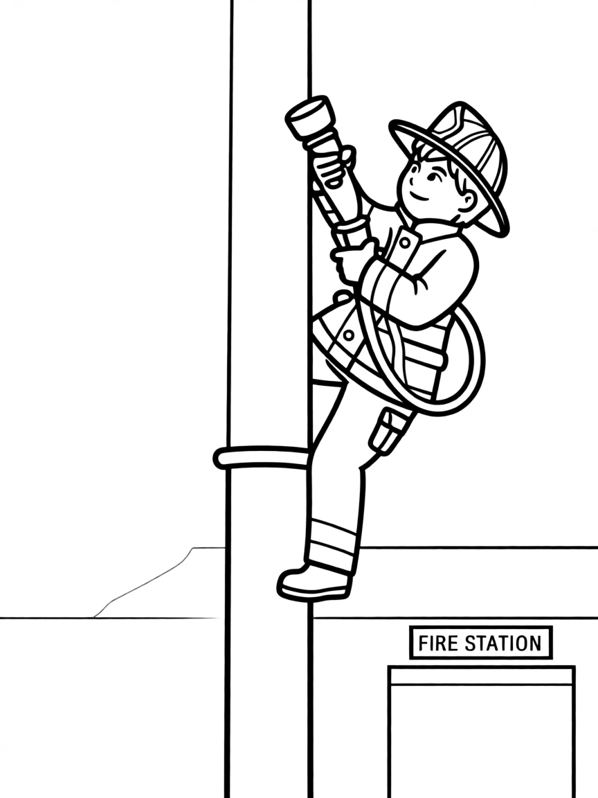 A boy firefighter sliding down a pole, ready to put out a fire with a hose.