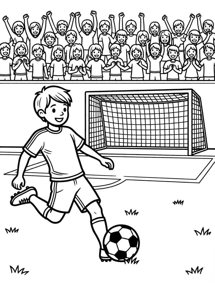 A boy soccer player scoring a goal, with a cheering crowd in the stands.