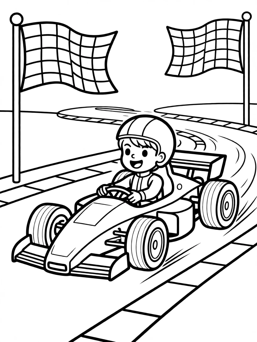 A boy race car driver speeding around a track, with checkered flags waving.