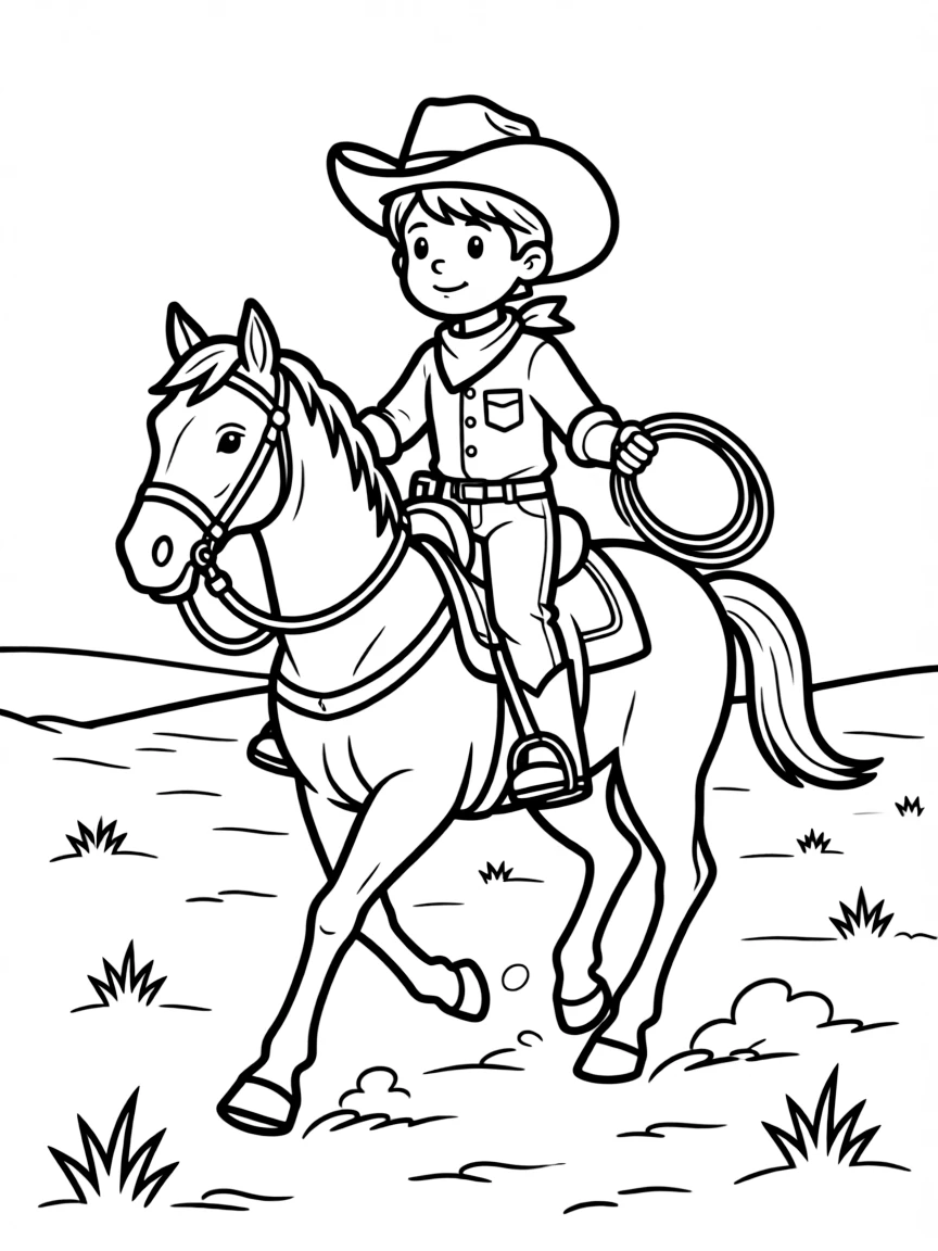 A boy cowboy riding a horse across a dusty plain, with a lasso in his hand.