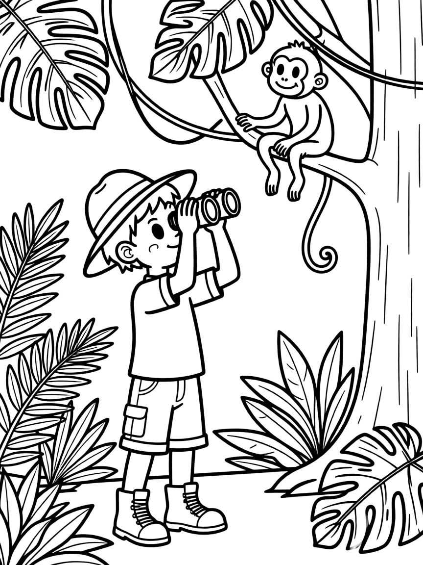 A boy explorer in a jungle, looking at a monkey in a tree with binoculars.