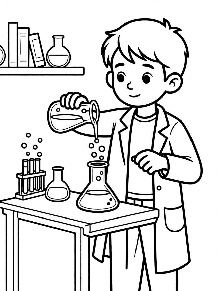 A boy scientist in a lab coat, mixing colorful liquids in beakers with bubbles.