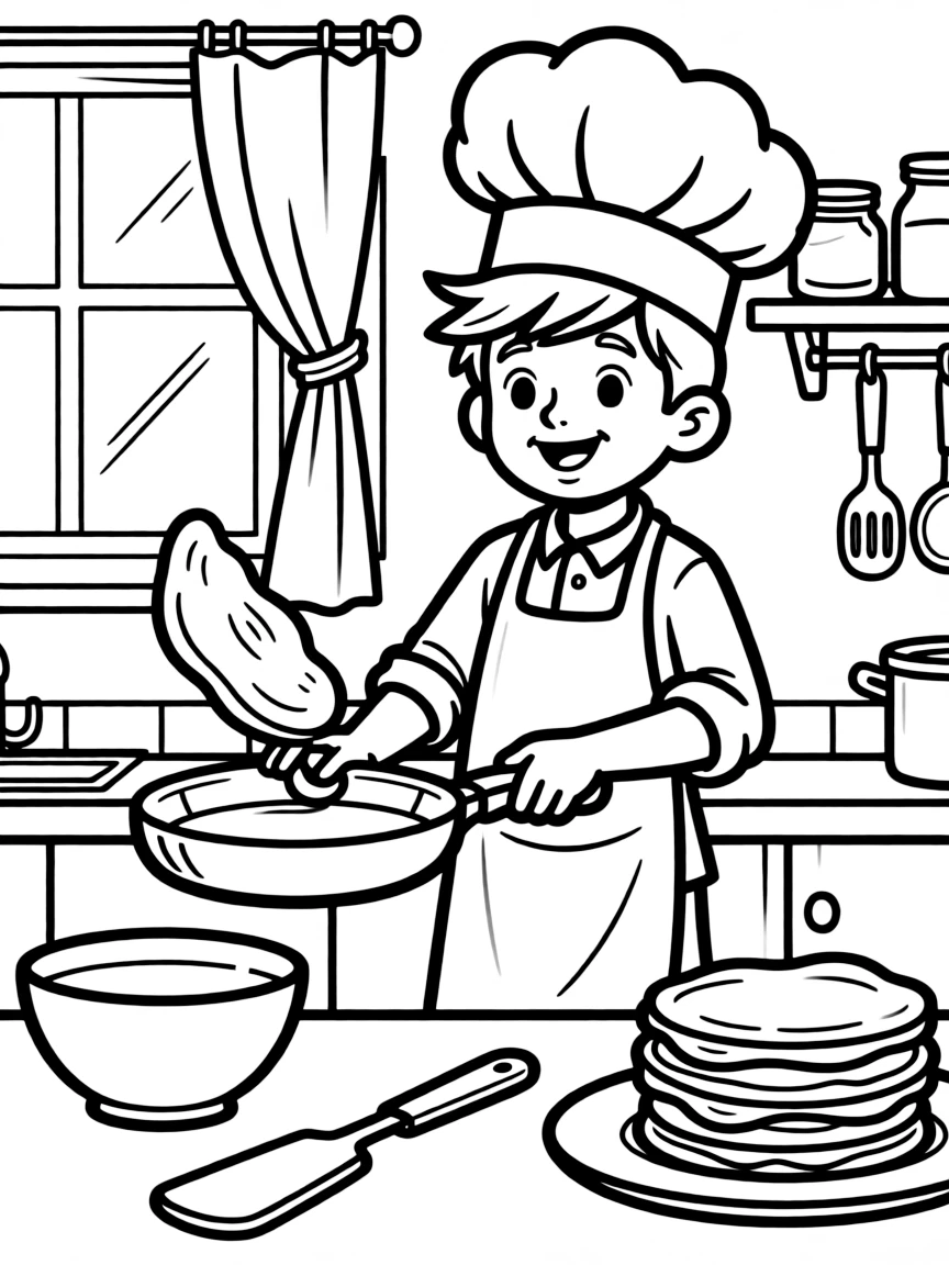 A boy chef flipping pancakes in a kitchen, with a tall chef's hat.