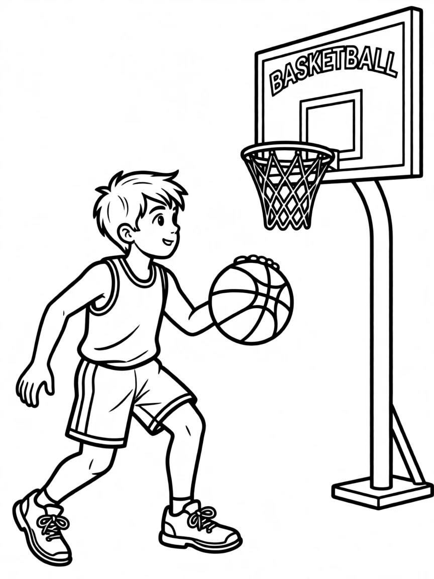 A boy basketball player dribbling the ball, ready to shoot a hoop.