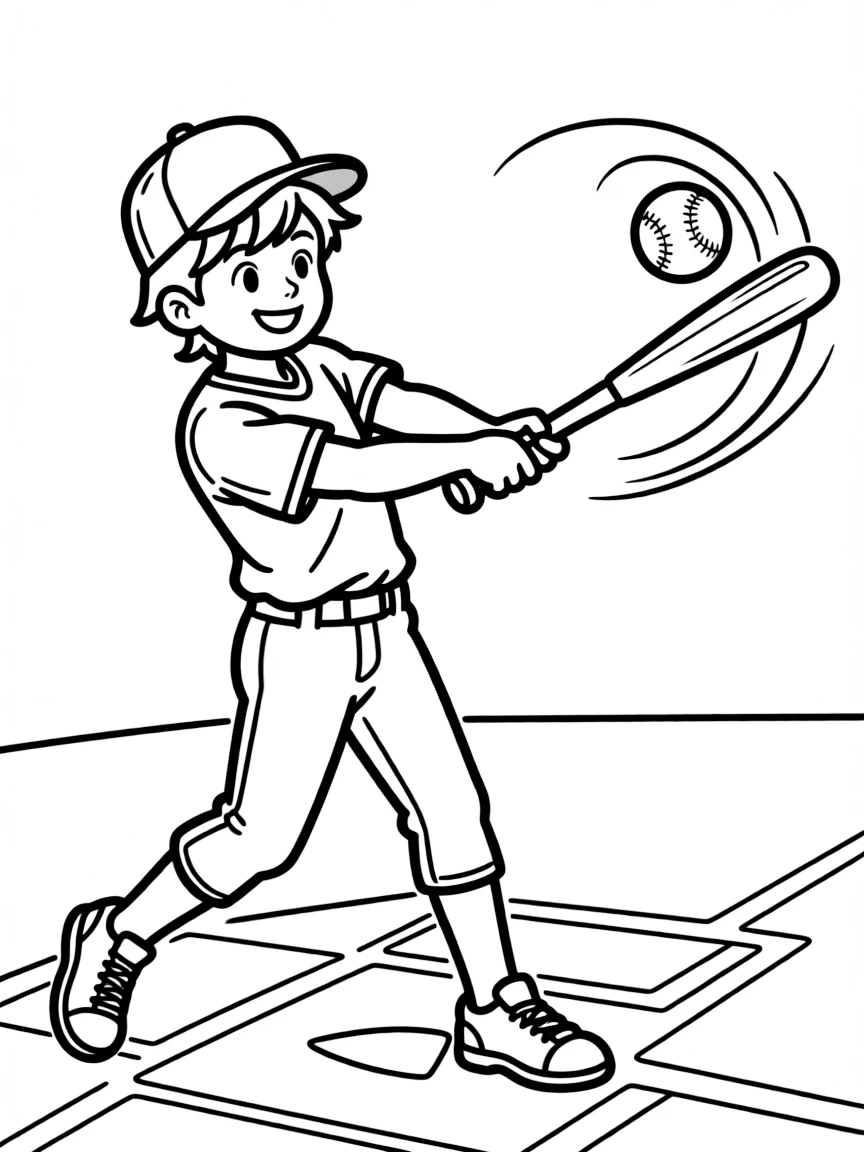 A boy baseball player hitting a home run, with the ball flying through the air.
