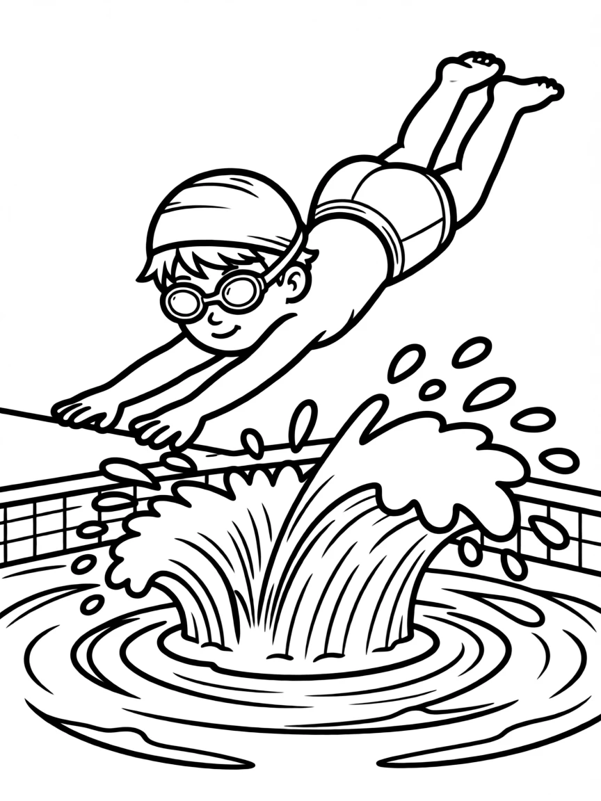 A boy swimmer diving into a pool, creating a big splash.