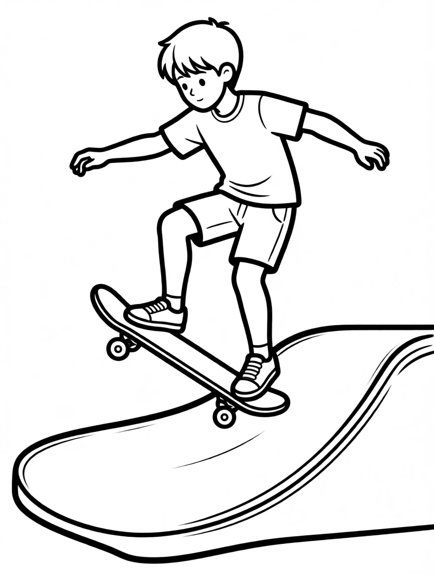 A boy skateboarder performing a trick on a ramp, with a cool pose.