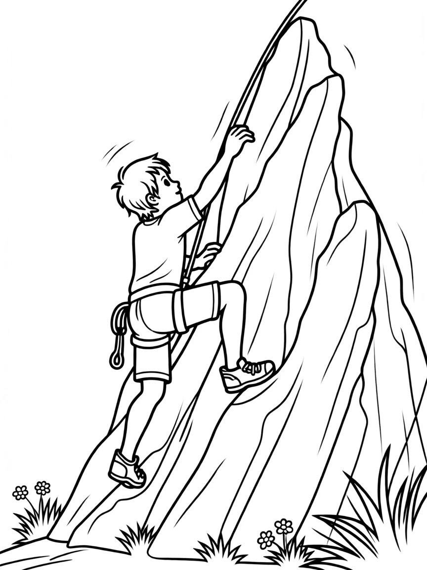 A boy rock climber scaling a tall mountain, reaching for the top.
