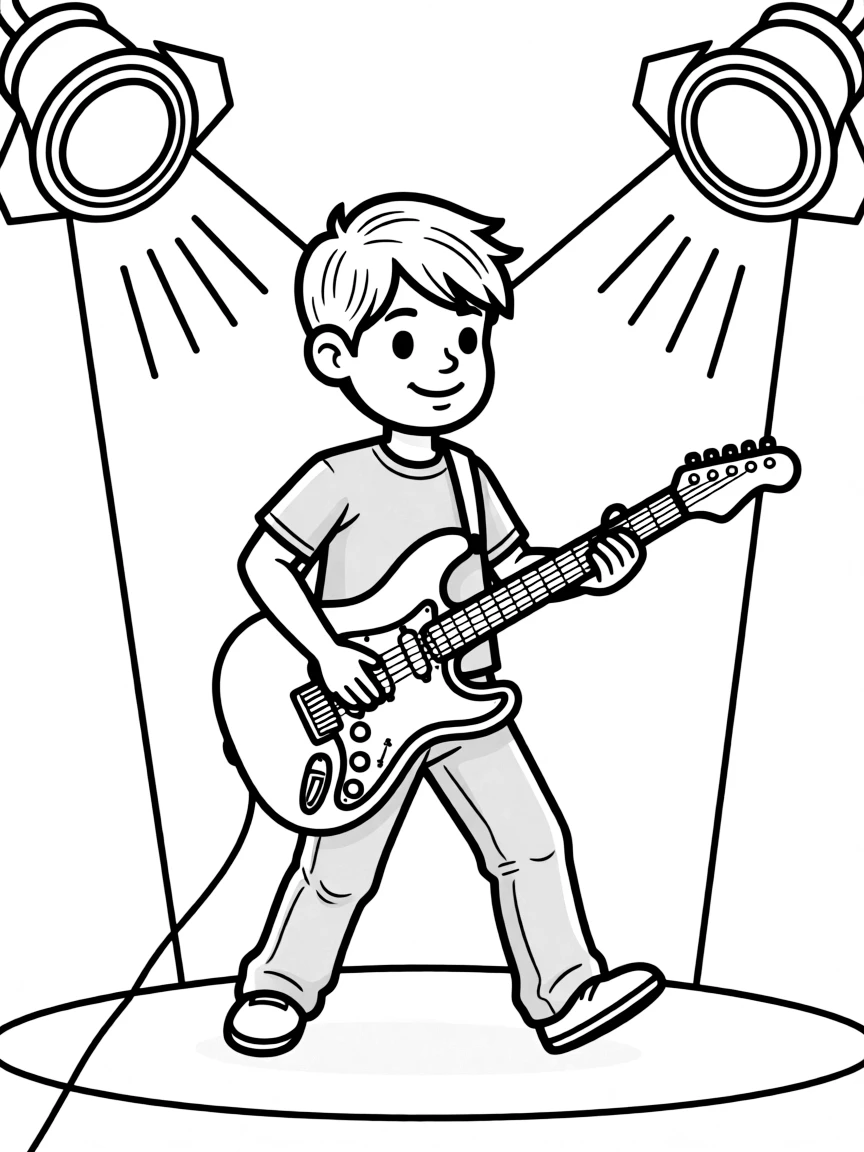 A boy musician playing an electric guitar on a stage, with spotlights on him.