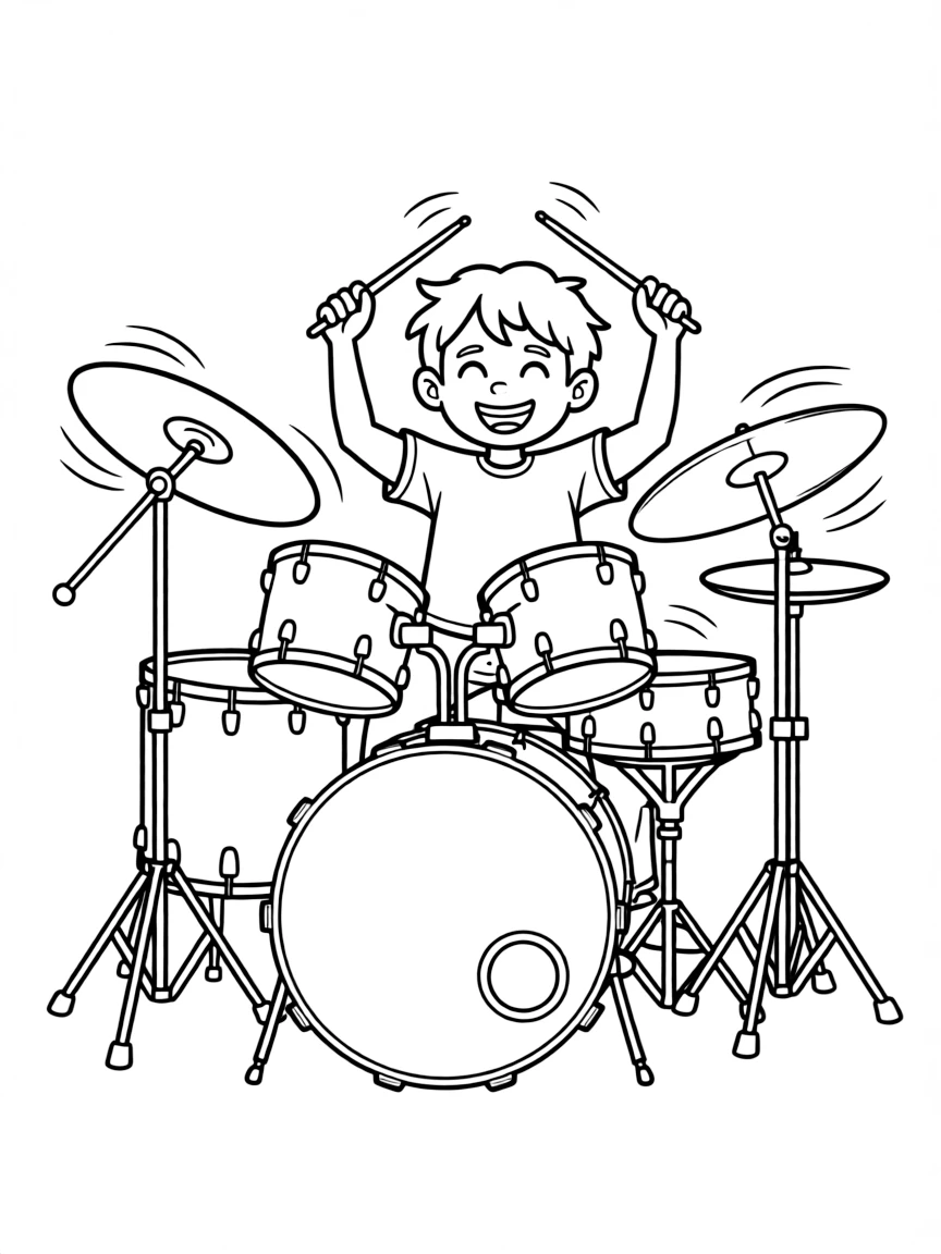 A boy drummer energetically playing a drum set, with cymbals crashing.