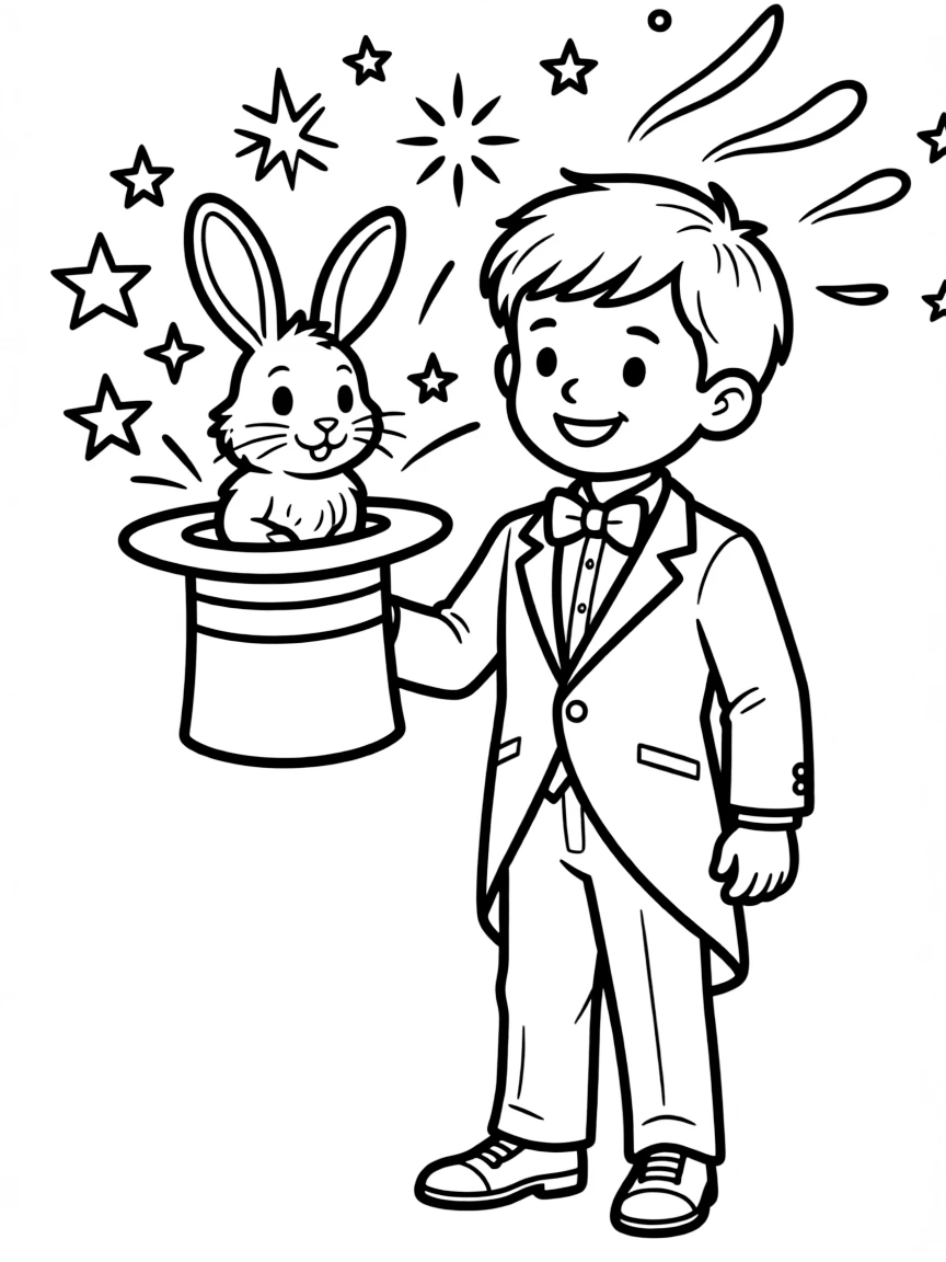 A boy magician pulling a rabbit out of a hat, with stars and sparkles.