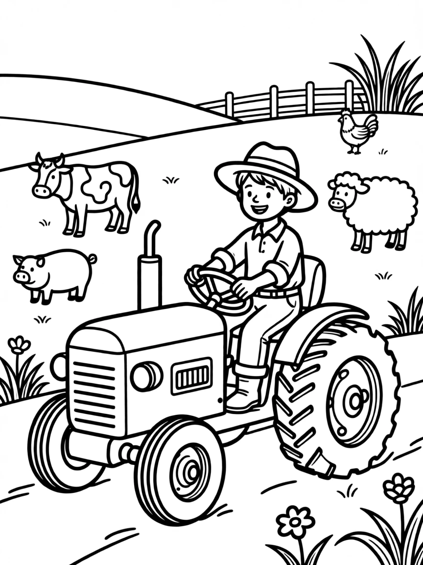 A boy farmer driving a tractor through a field, with farm animals in the background.
