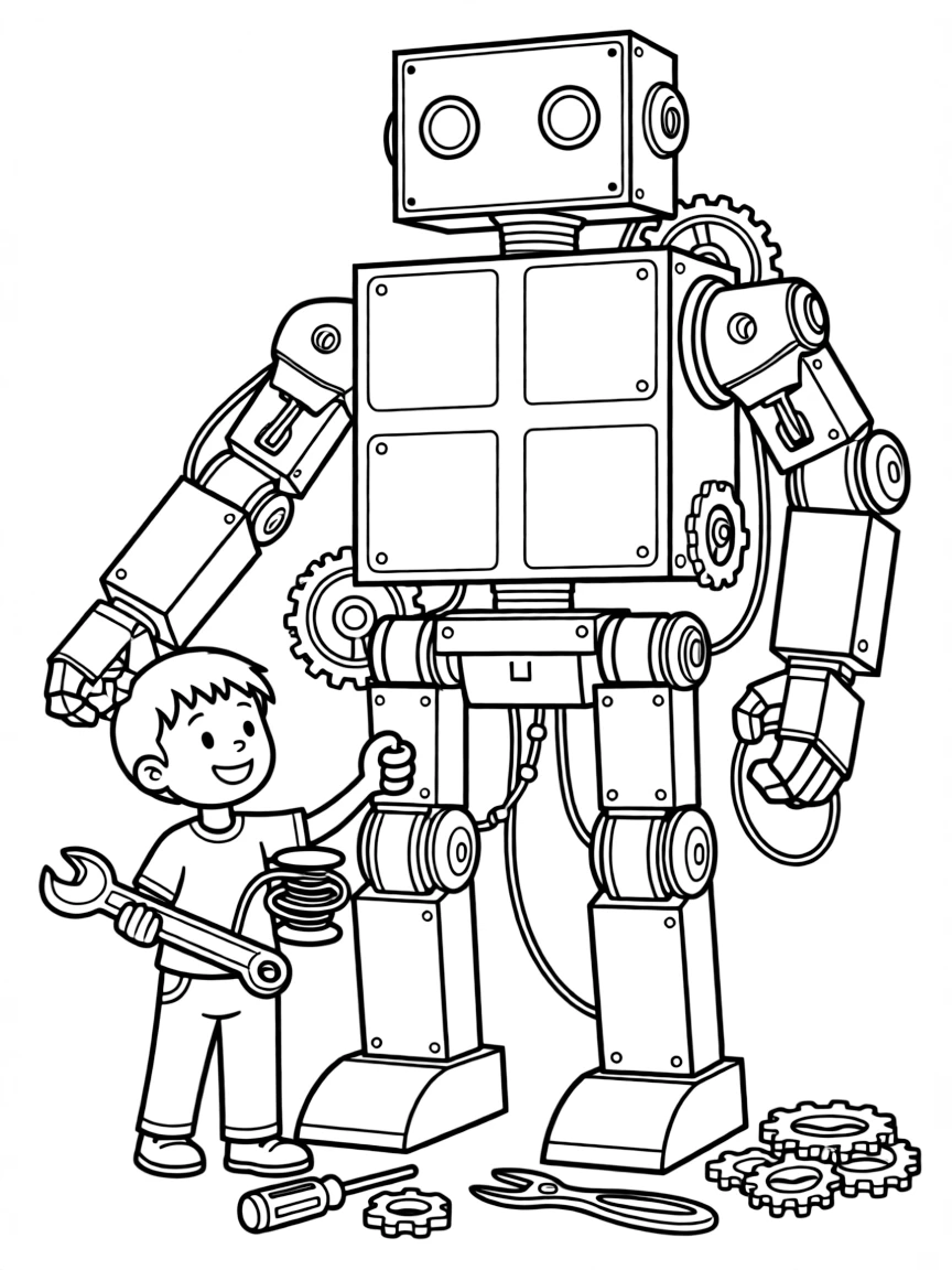 A boy robot builder putting together a giant robot, with wires and gears.