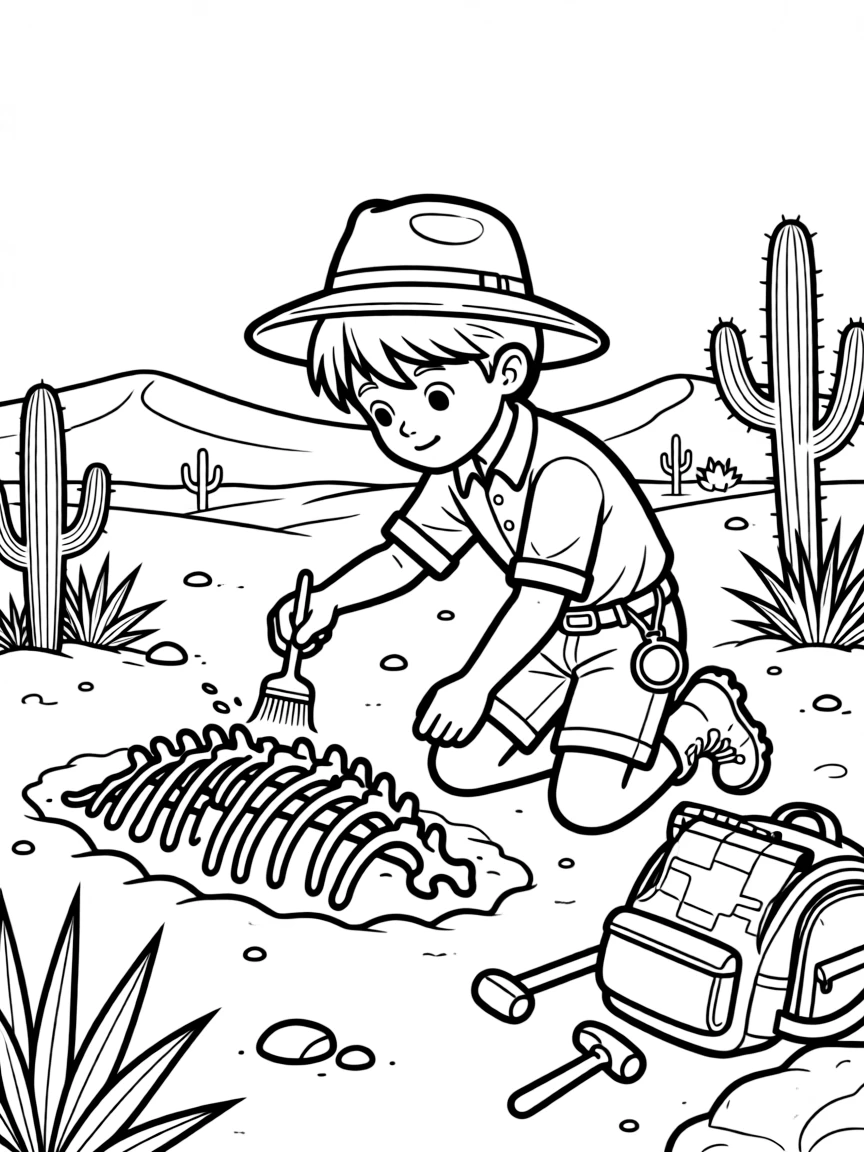 A boy paleontologist digging for dinosaur bones in the desert.