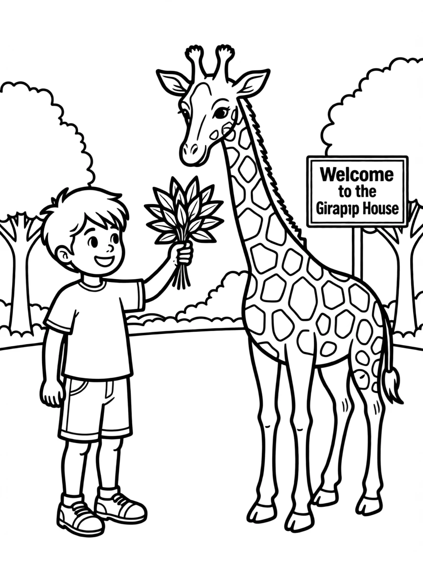 A boy zookeeper feeding a friendly giraffe at the zoo.