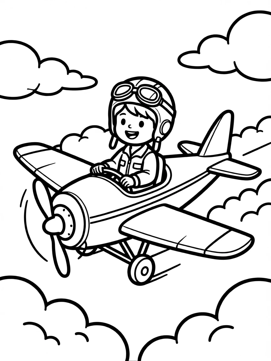 A boy pilot flying a plane through the clouds, with a happy smile.