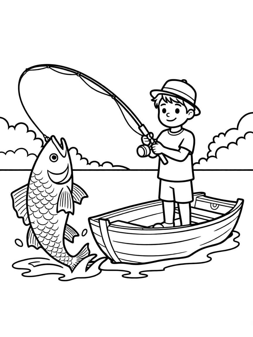 A boy fisherman reeling in a big fish from a boat on a lake.