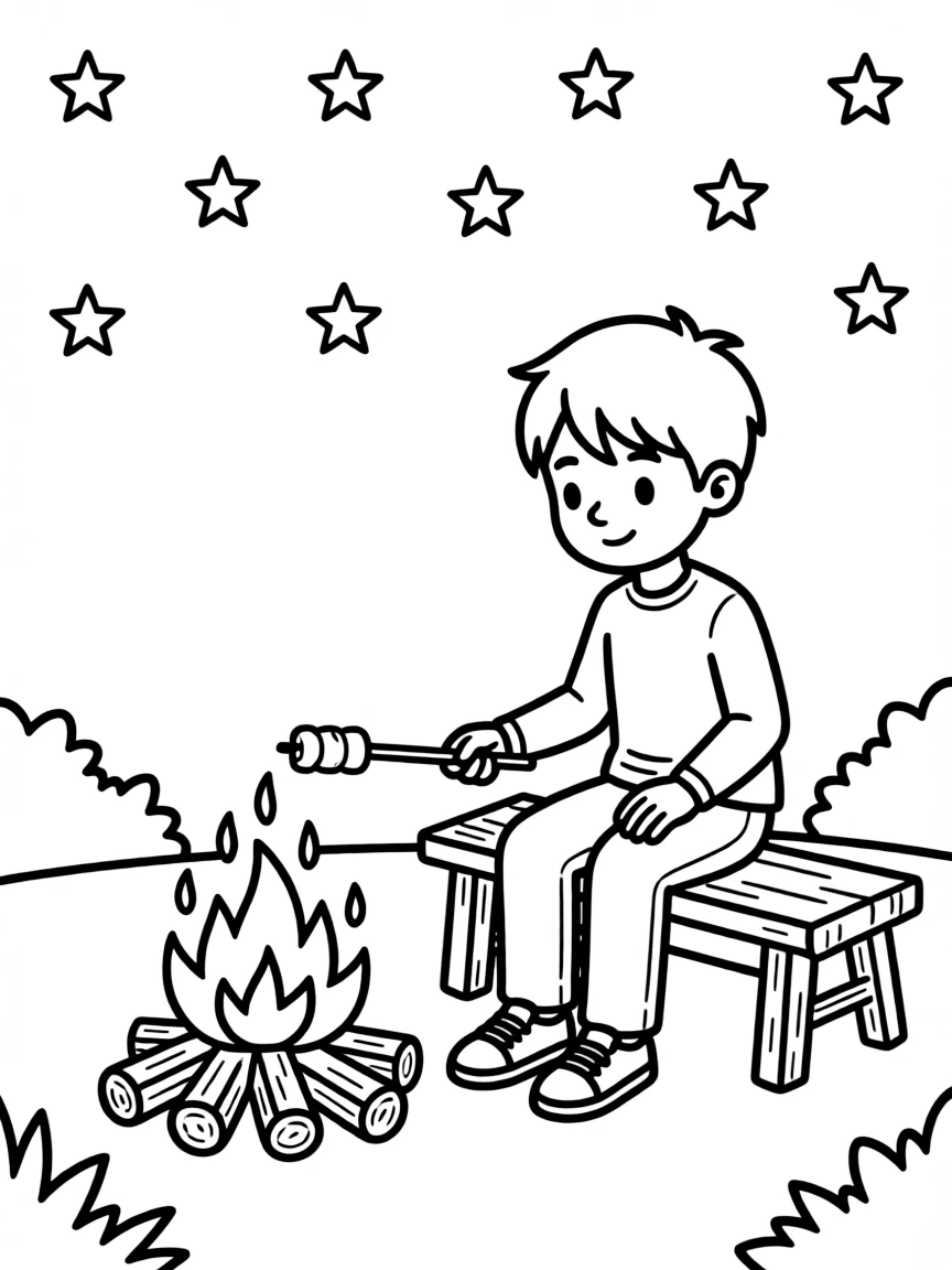 A boy camper roasting marshmallows over a campfire under a starry sky.