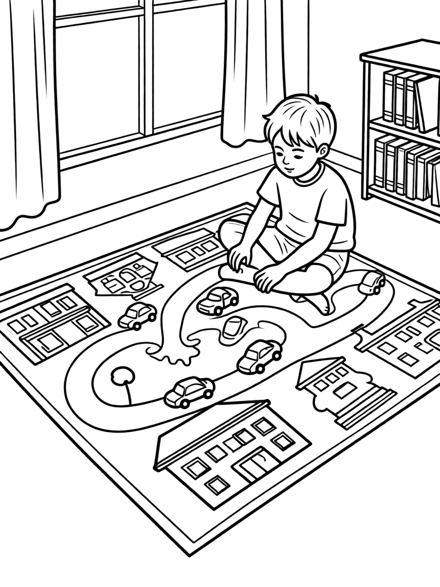 A boy playing with toy cars on a rug with roads and buildings.