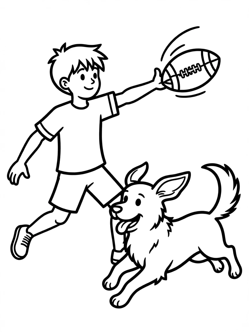A boy throwing a football, with a dog running to catch it.