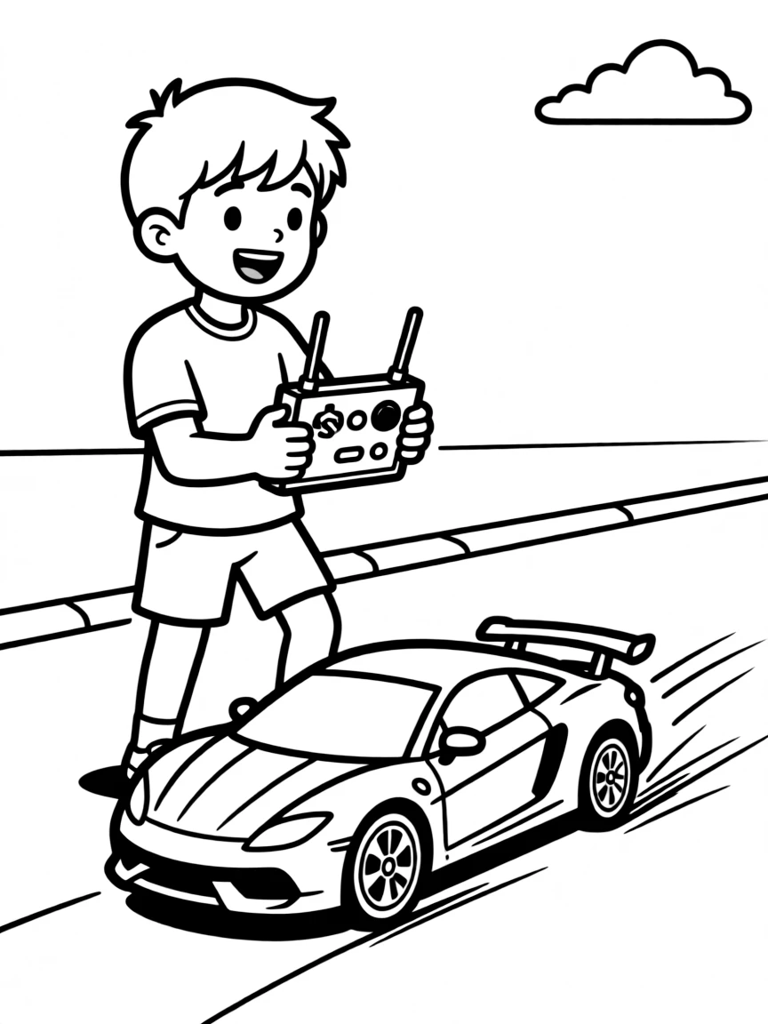 A boy playing with a remote control car, making it zoom around.