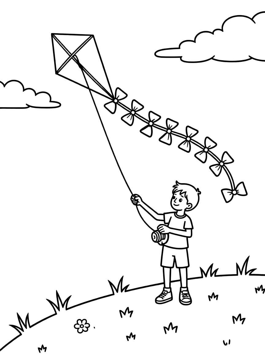 A boy flying a kite on a windy day, watching it soar high.