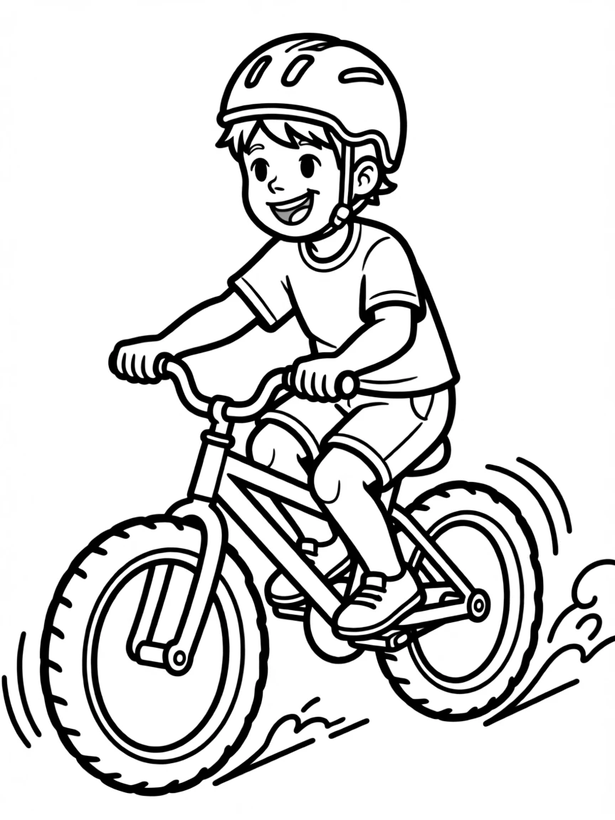 A boy riding his bike with a helmet, smiling and pedaling fast.