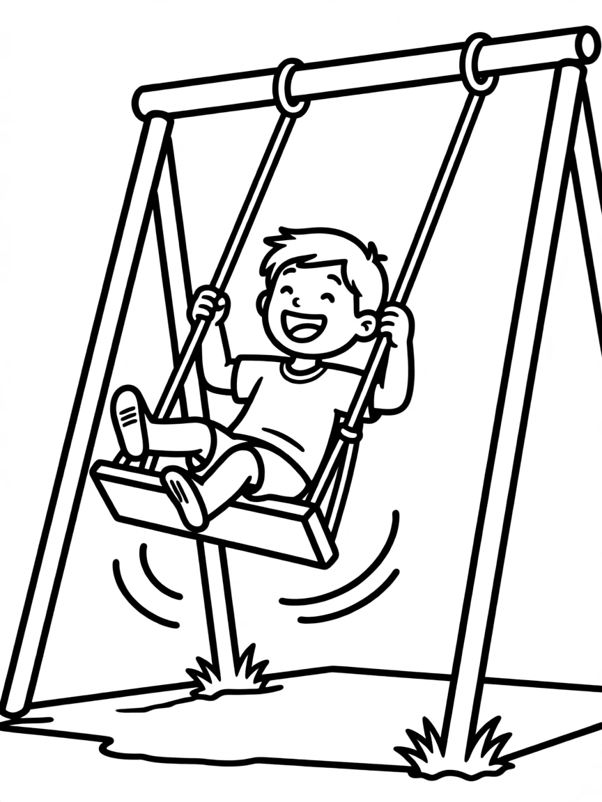 A boy on a swing set, swinging really high and laughing.