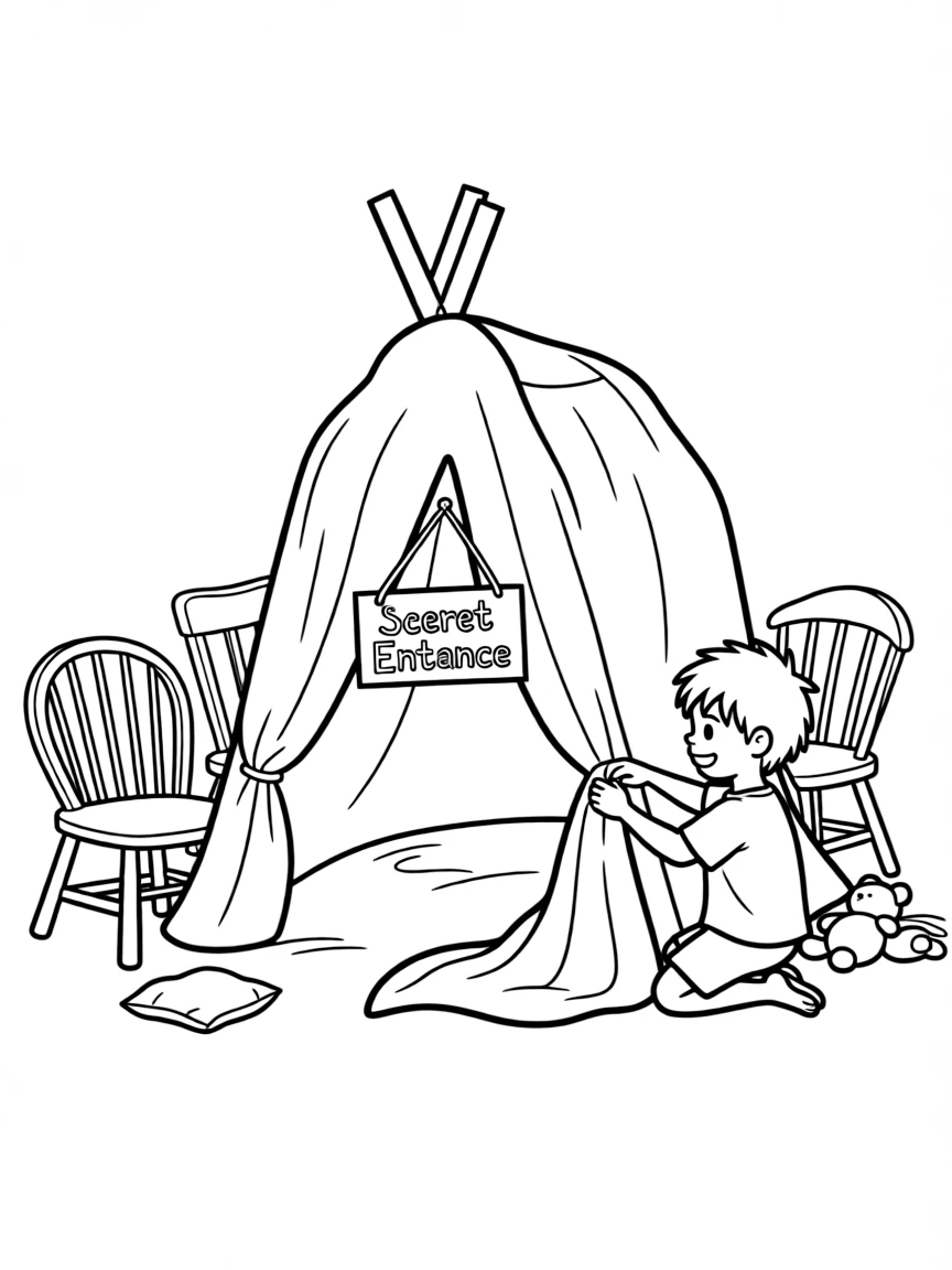 A boy building a fort out of blankets and chairs, with a secret entrance.
