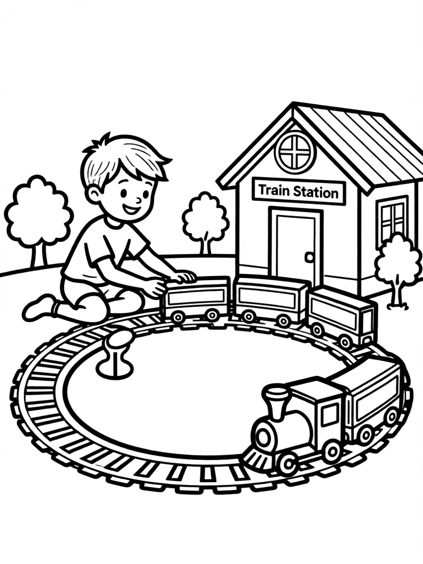 A boy playing with a train set, making the train go around the tracks.