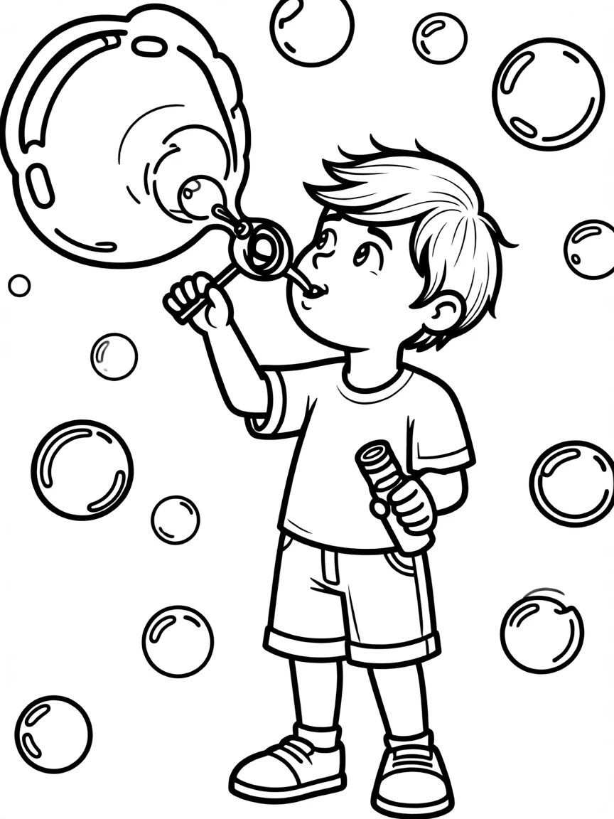 A boy blowing bubbles, with many big and small bubbles floating.