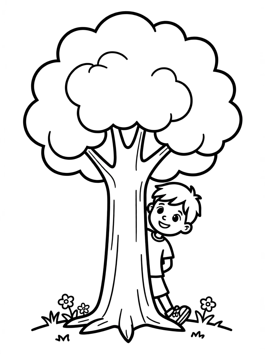 A boy playing hide-and-seek, peeking from behind a tree.