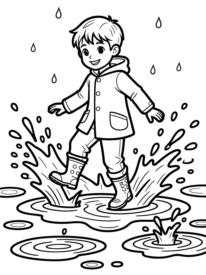 A boy in rain boots, jumping in puddles and splashing water.