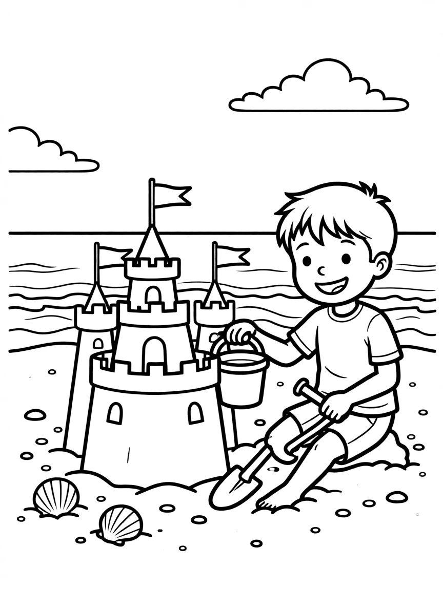 A boy at the beach, building a sandcastle with flags.