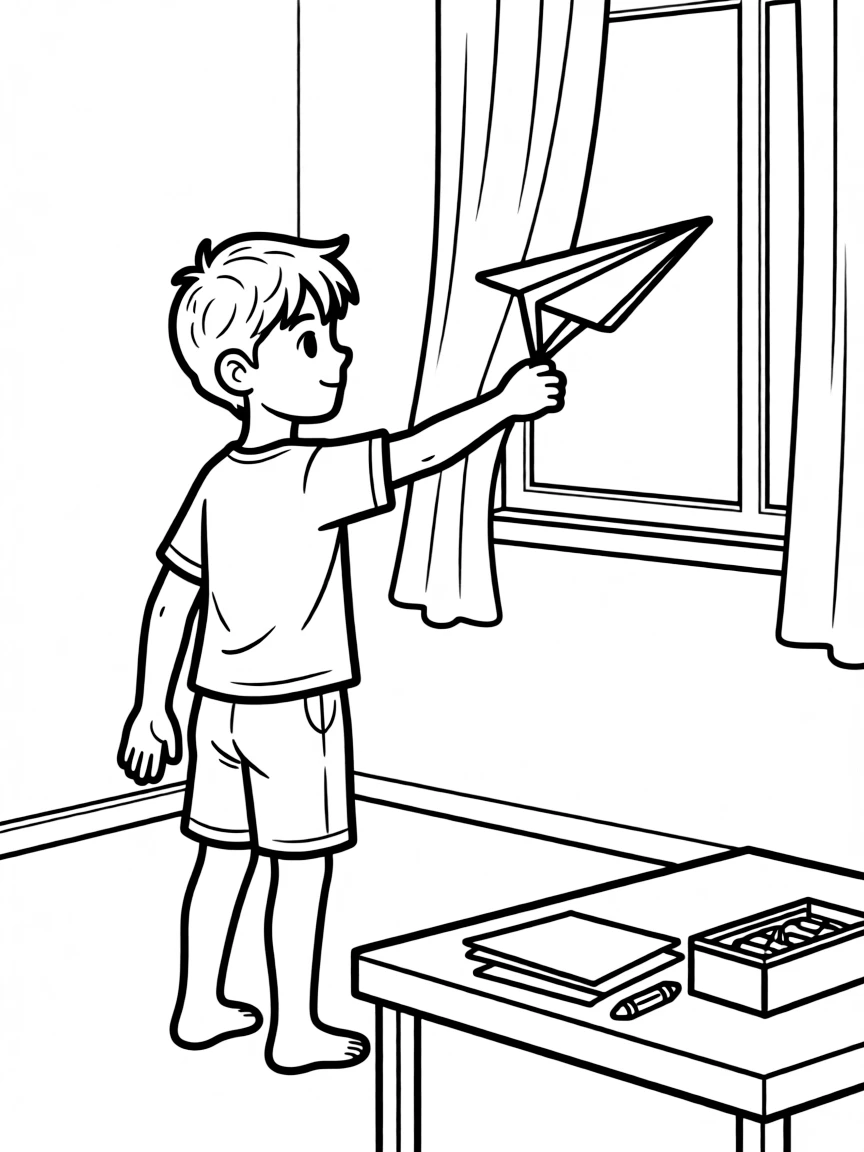 A boy making a paper airplane and throwing it across the room.