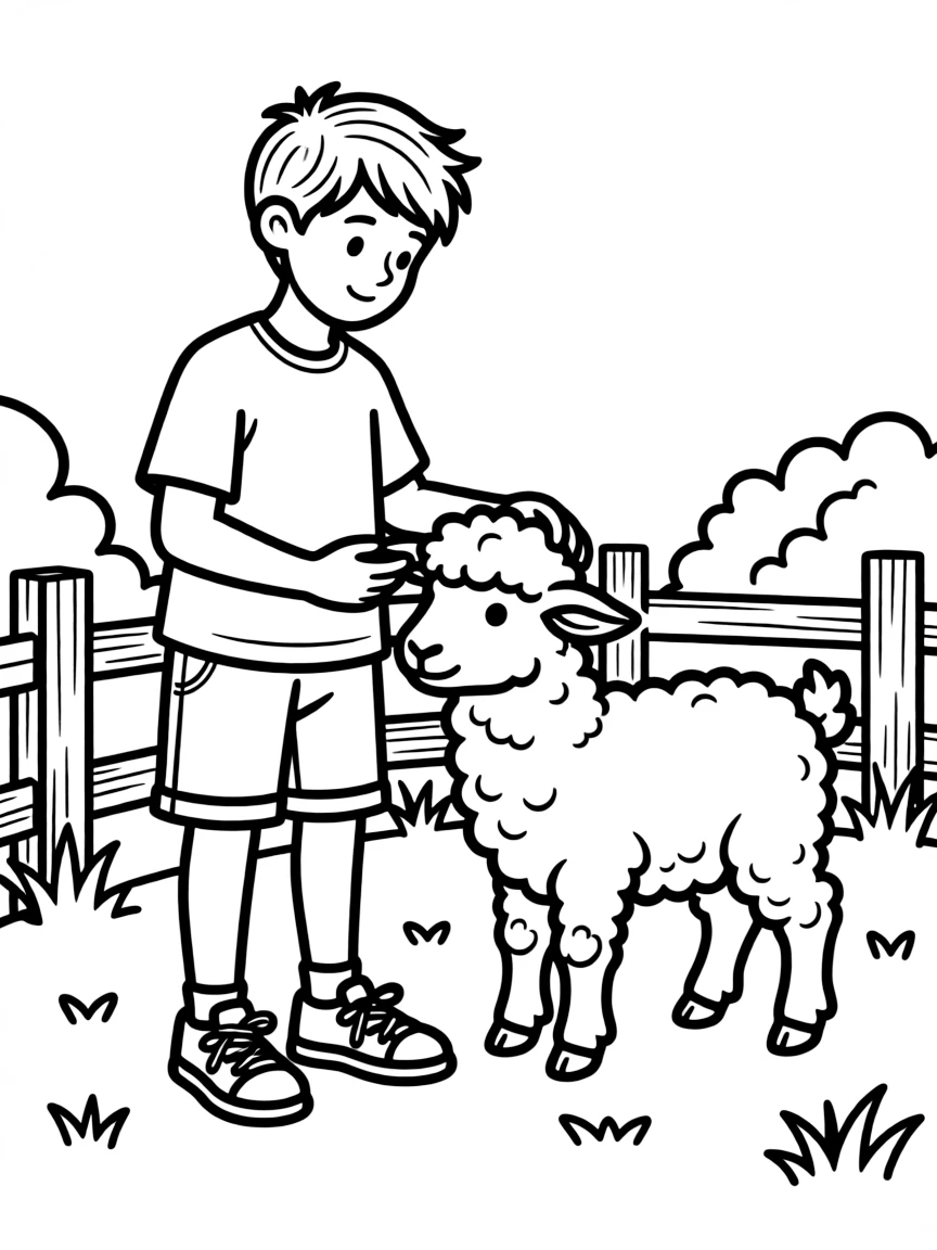 A boy at a petting zoo, gently patting a fluffy lamb.
