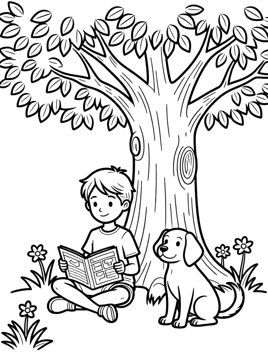 A boy reading a comic book under a big tree, with a dog by his side.