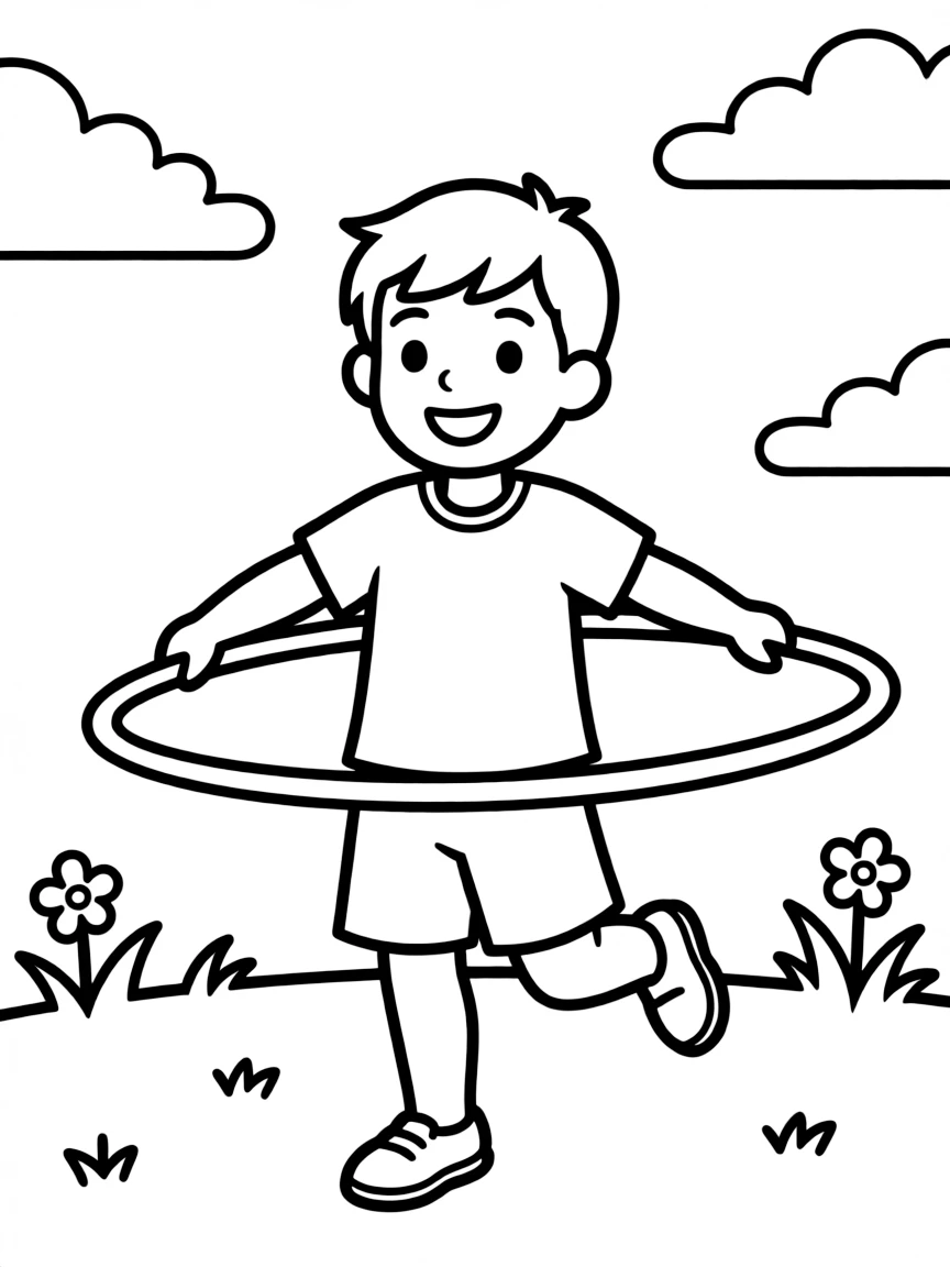 A boy playing with a hula hoop, trying to keep it spinning.