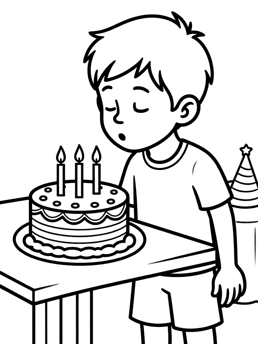 A boy making a wish as he blows out candles on a cake.