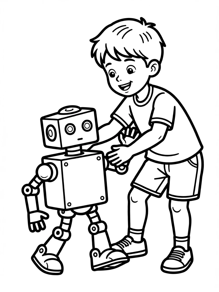 A boy playing with a toy robot, making it walk and talk.