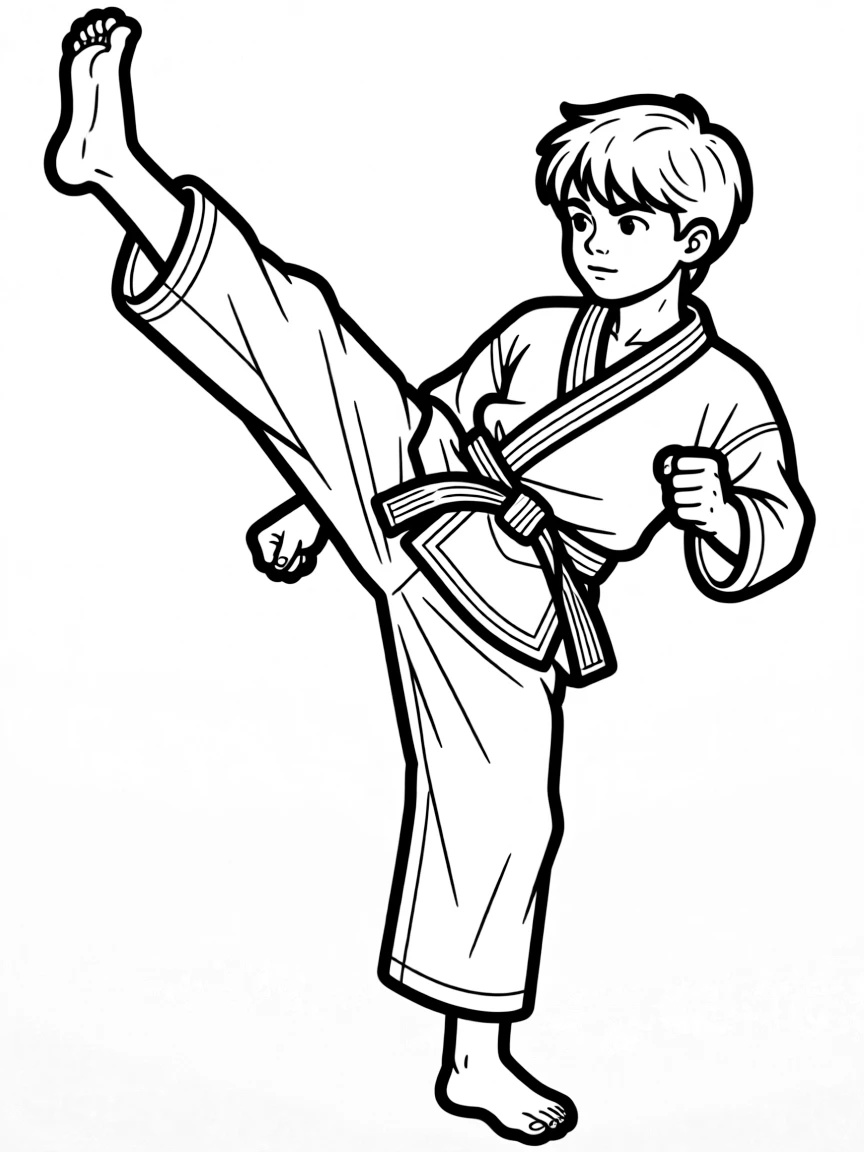 A boy in a karate uniform, doing a high kick with focus.