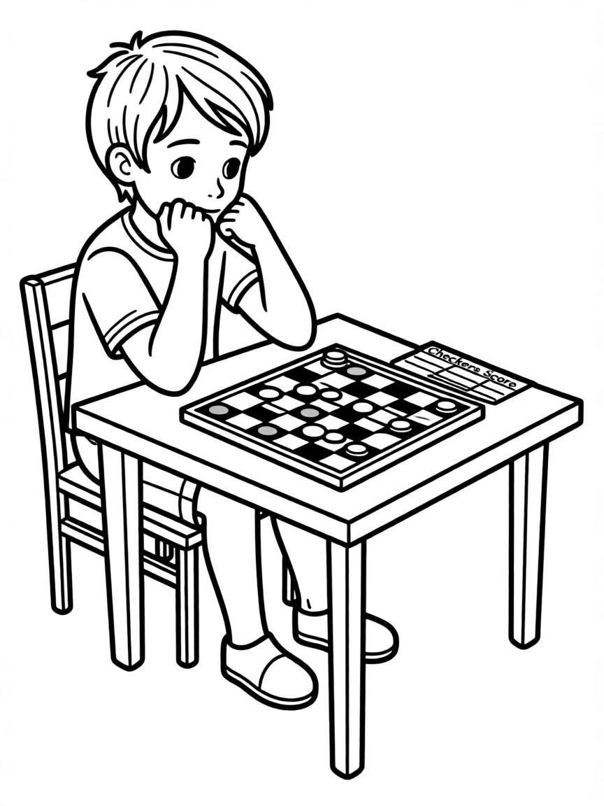 A boy playing checkers, thinking about his next move.
