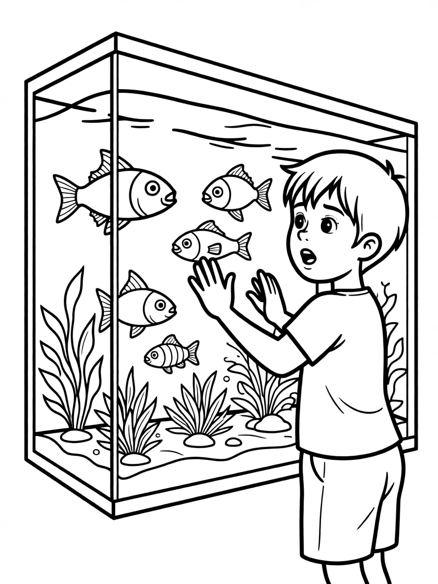 A boy looking at fish in an aquarium, fascinated by their colors.